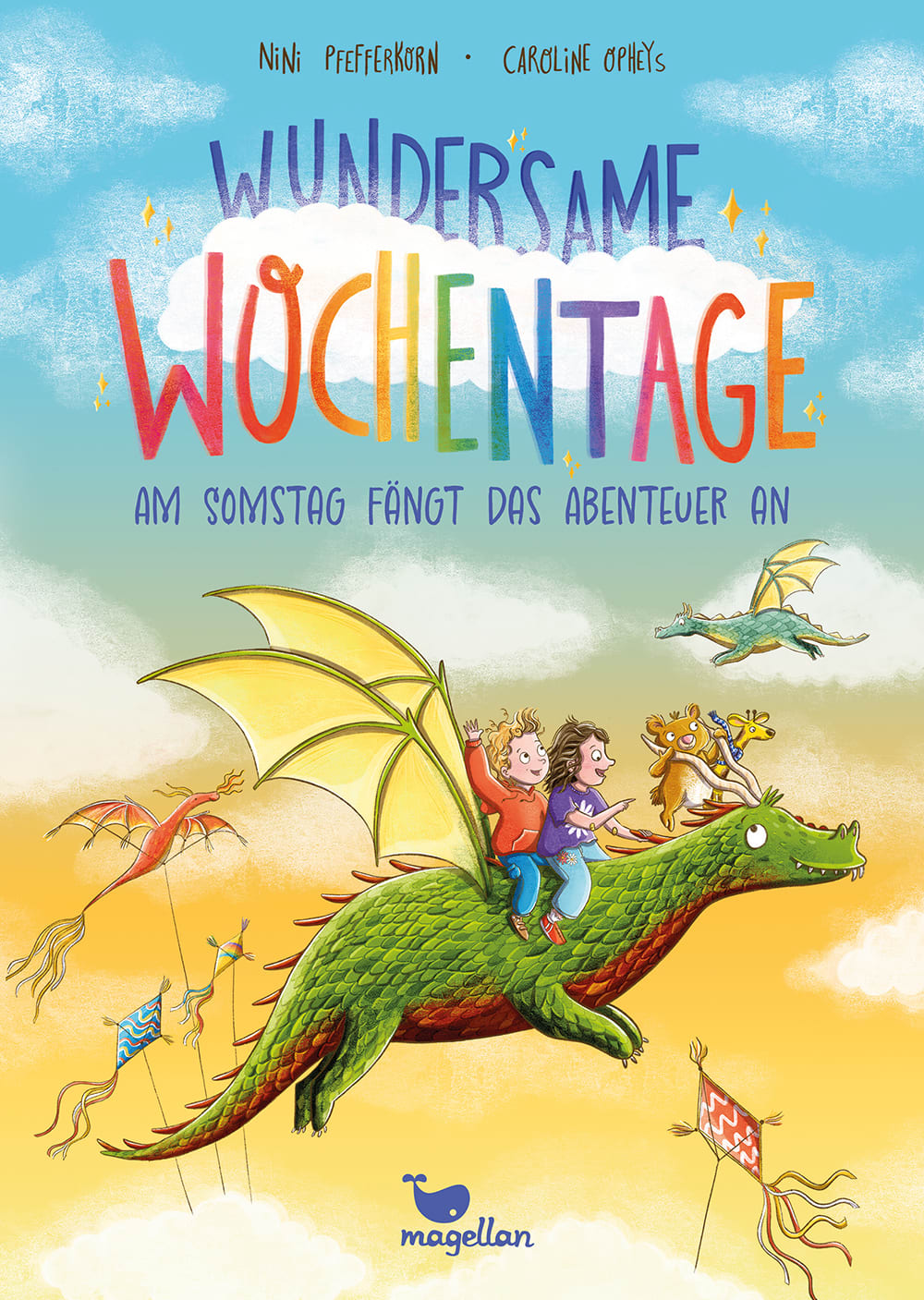 Cover, zwei Kinder fliegen auf einem Drachen