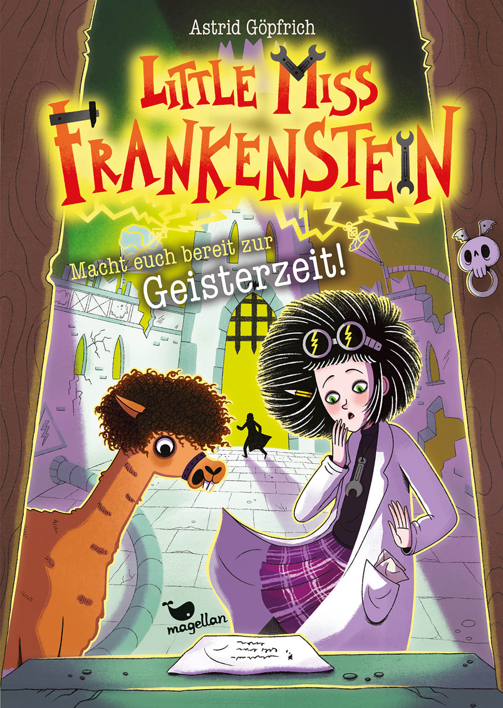 Cover, ein Mädchen und ein Alpaka vor einer Burg