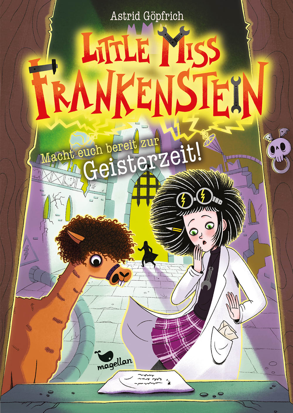 Cover, ein Mädchen und ein Alpaka vor einer Burg