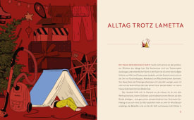 Illustration mit Weihnachtsbaum, Staubsauger, Geschenken und Wäsche im Hintergrund. Im Vordergrund ein aufgeschlagenes Buch als Zelt, unter dem ein Mensch liegt. Rechts Titel „Alltag trotz Lametta“ und satirischer Text zum Weihnachtschaos.