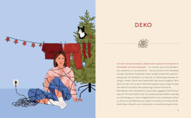 Frau sitzt im Wohnzimmer und ist in eine Lichterkette verwickelt; im Hintergrund Wäscheleine, Weihnachtsbaum mit Katze. Rechts Kapitelüberschrift „Deko“ und Text über Dunkelheit im Winter und Deko als Trostpflaster.