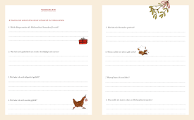 Doppelseite mit acht Reflexionsfragen zur Weihnachtszeit, darunter „Was hat mich besonders gestresst?“ und „Worauf kann ich verzichten?“. Mit kleinen Illustrationen: Geschenk, Sternkeks, Mistelzweig, Henne mit Paket.