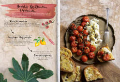 Rezeptseite für geröstete Kirschtomaten mit Mozzarella und Sauerteigbrot; rechts angerichtetes Gericht mit gegrillten Tomaten, Käse und knusprigem Brot auf einem Teller.