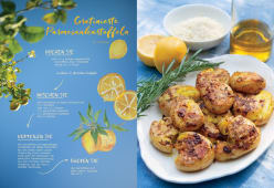 Rezept für gratinierte Parmesankartoffeln mit Zitrone, Rosmarin und Olivenöl. Rechts: goldbraun gebackene Kartoffelhälften auf weißem Teller mit Rosmarinzweig, daneben Zitrone und Öl.