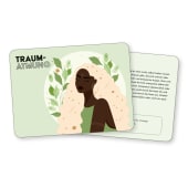 Frau mit langen Haaren vor Blättermotiv – Illustration einer entspannenden Atmung zur Traumverarbeitung oder für tiefen Schlaf.