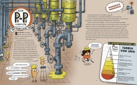 Comic erklärt die Nierenfunktion und das Antidiuretische Hormon mit Urin-Farbskala und sprechenden Figuren in Rohrsystemen.