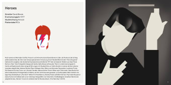Minimalistische Illustration von David Bowie mit erhobenen Armen vor dunklem Hintergrund, inspiriert vom ikonischen „Heroes“-Cover.
