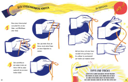 Illustrierte Schritt-für-Schritt-Anleitung für einen Zaubertrick, bei dem ein Knoten in einer Schnur scheinbar magisch verschwindet.