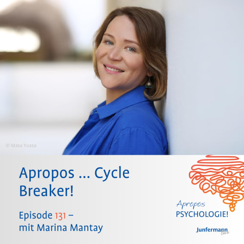 Ein Mann in weißem Hemd und graubraunem Sakko steht vor moderner Architektur. Unten steht: „Apropos ... Loslassen! Episode 121 – mit Dr. Gerhard Helm“. Rechts unten ist das Logo „Apropos PSYCHOLOGIE! Junfermann live“ mit einer stilisierten Gehirngrafik.