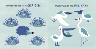 Innenansicht Doppelseite mit farbiger Illustration von Seeigeln und Pelikanen