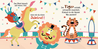 Innenansicht Doppelseite mit farbiger Illustration von Löwe, Tiger und Pferd in Manege