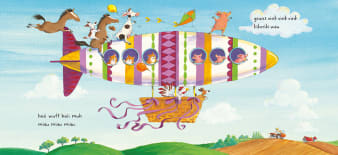 Innenansicht Doppelseite mit farbiger Illustration eines Zeppelins mit Tieren