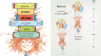 Innenansicht Doppelseite mit farbiger Illustration von Mädchen mit lockigem Haar und Büchern und Luftballons