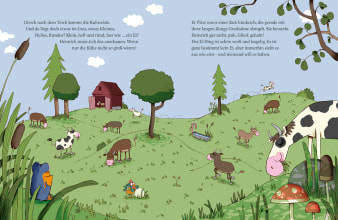 Innenansicht Doppelseite mit farbiger Illustration einer Wiese mit Bauernhoftieren