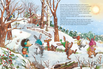 Innenansicht Doppelseite mit farbiger Illustration von Tierkindern im winterlichen Wald