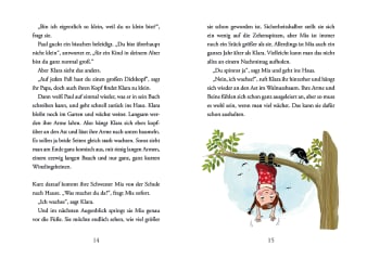 Innenansicht Doppelseite mit farbiger Illustration von Mädchen an Baum hängend