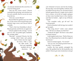 Innenansicht Doppelseite auf Englisch mit farbiger Illustration von Ponyhufen und Gemüse