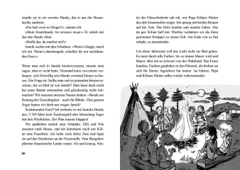 Innenansicht Doppelseite mit schwarz-weißer Illustration von Kindern und Erwachsenen am Lagerfeuer