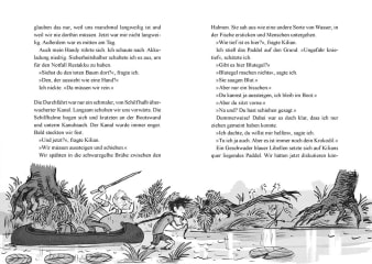 Innenansicht Doppelseite mit schwarz-weißer Illustration von Kindern mit Boot im See