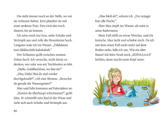 Innenansicht Doppelseite mit farbiger Illustration von Mädchen im Teich