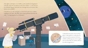 Innenansicht Doppelseite mit farbiger Illustration eines Planetariums mit Teleskop