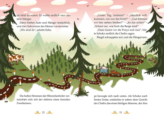 Innenansicht Doppelseite mit farbiger Illustration einer Straße über die Berge mit Auto