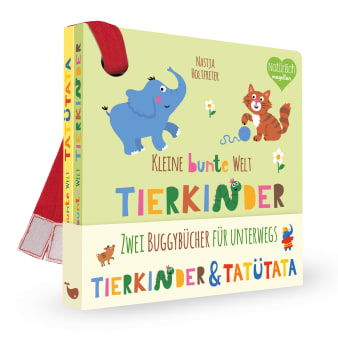 ein kleines Pappbilderbuch mit hellgrünem Hintergrund, es sind zwei Tierkinder abgebildet, ein Elefant und eine Katze