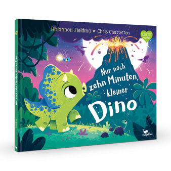 Ein Cover in Blau- und Lilatönen, im Vordergrund ein kleiner grüner Dino, der zu einem sprudelnden Vulkan hochblickt