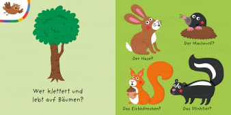 Innenseite, zeigt Laubbaum, Hase, Maulwurf, Eichhörnchen, Stinktier