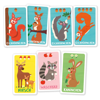 Spielmaterial, Kartendeck mit Waldtieren, Eichhörnchen, Hirsch, Waschbär und Hase