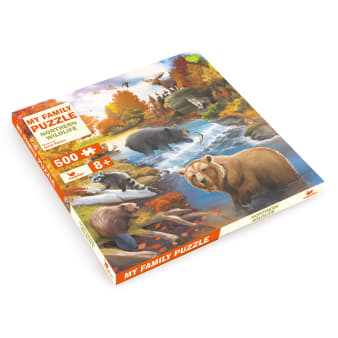 Cover, eine kanadische Flusslandschaft zwischen roten Laubwäldern, Bären, Wildpferde, Otter, Waschbär, Luchs, Streifenhörnchen