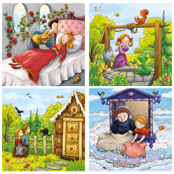 Innenansicht alle vier Puzzles in farbiger Illustration von Märchen