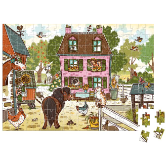 Innenansicht fertiges Puzzle mit farbiger Illustration von Bauernhof mit Haus und Tieren davor