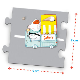 Innenansicht Puzzleteil mit farbiger Illustration von Eiswagen mit Bär