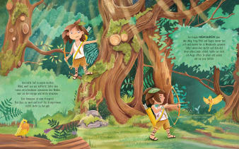 Innenseite, ein Mädchen turnt durch den Regenwald mit Pfeil und Bogen
