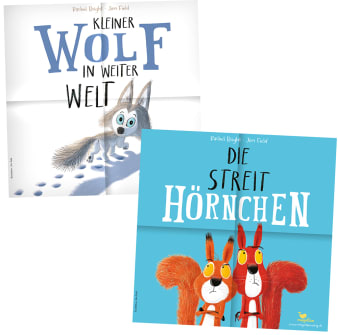 zwei Posterbooklet, eins mit Wolf auf weißem Hintergrund, eins mit Streithörnchen auf blauem Hintergrund