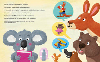 Innenseiten, ein Koala hält ein Buch in der Hand, Känguru, Wombat, Schnabeltier und Maus wünschen sich Geschichten