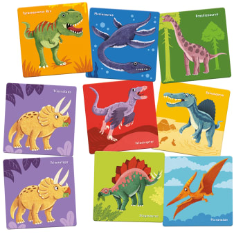 Memokartenabbildungen mit Dinosauriern, zum Beispiel Tyrannosaurus Rex, Brachiosaurus, Trieeratops, Stegosaurus und Pteranoden