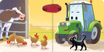 Innenseite, Traktor Leonard steht zusammen mit einer Kuh, Hühnern und einer Katze