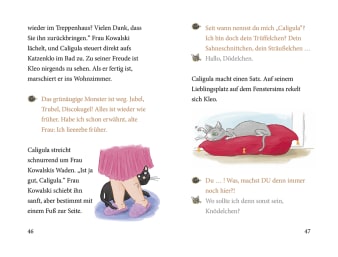 Innenseite, mit tierischen Dialogen und zwei Illustrationen, einer grauen Katze und einem schwarzen Kater