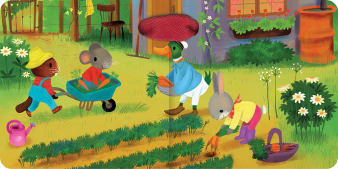 Innenillustration, ein Hase und seine Freunde bei der Gartenarbeit