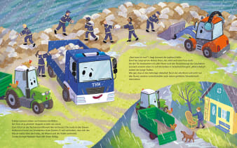 Innenseite mit Illustration, landwirtschaftliche Fahrzeuge helfen der Feuerwehr