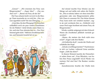 Innenseite, Fließtext, Illustration Pony umgeben von Stadtbewohnern