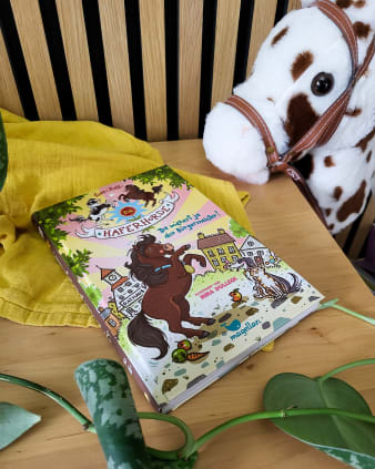 Produktbild - Haferhorde Bd. 23 - Cover auf gelbem Tuch, Holztisch, Steckenpferd im Bild