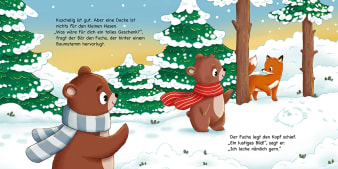 Innenseite, Bär und Fuchs treffen sich im schneebedeckten Wald