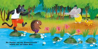 Innenseite, Jaguar und Stachelschwein balancieren über Steine im Wasser