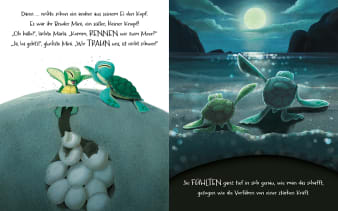 Innenseite, zwei Schildkrötenkinder schlüpfen und wandern zum Meer