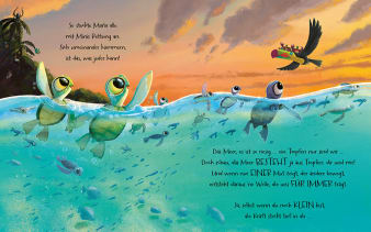 Innenseite, zwei Schildkrötenkinder winken einem Tukan