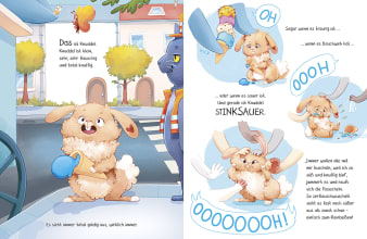 Innenseiten, ein kuscheliger Hase, der von allen gekuschelt und angefasst wird