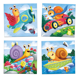 4 Puzzelabbildungen, Schnecken in unterschiedlichen Fortbewegungsmitteln